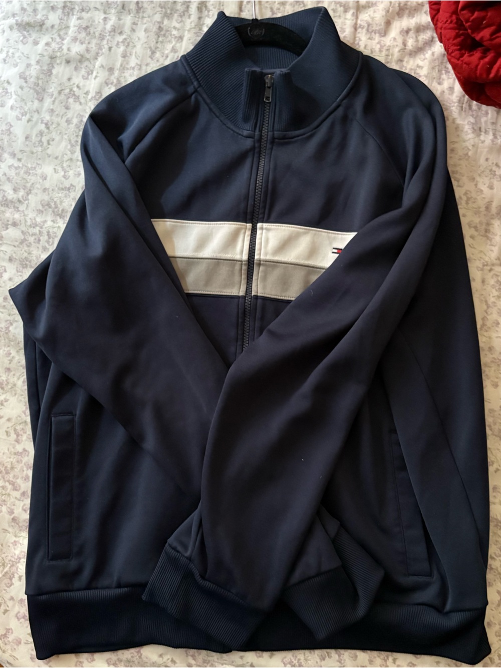 Tommy Hilfiger Navy Blue Zip-Up Sweater with White Stripe